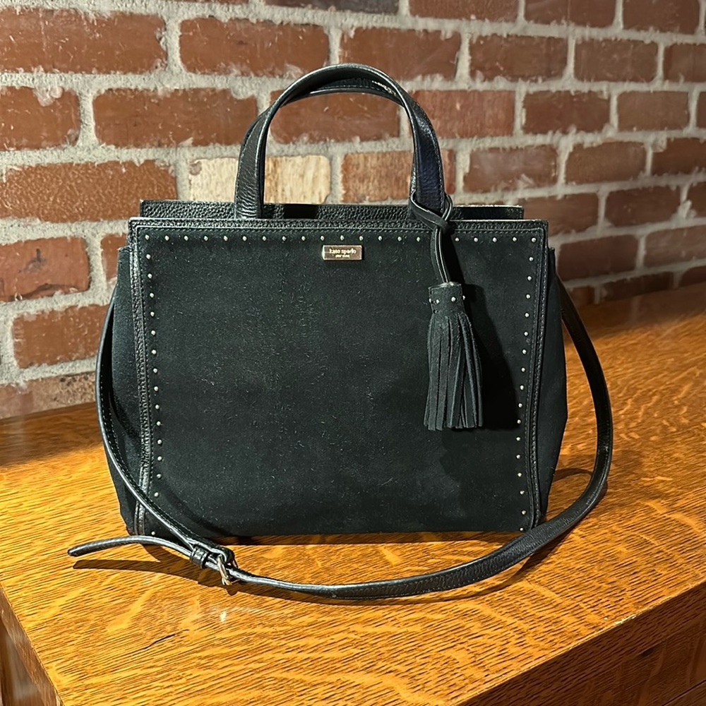 Kate Spade Abby West Street Black Suede Satchel With Tassel Gold Tone Hardware